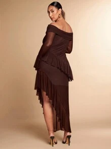 SHEIN BAE Plus Size Women's Spring Autumn Winter Solid Black Mesh Tulle One Shoulder Ruffle Decoration High Slit Hem Long Dress, Elegant Sexy Dress, Sweet Dress, Romantic Date Dress, Valentine's Day Dress, New Year Dress, Festival Dress, Party Dress - Coffee Brown - View 2