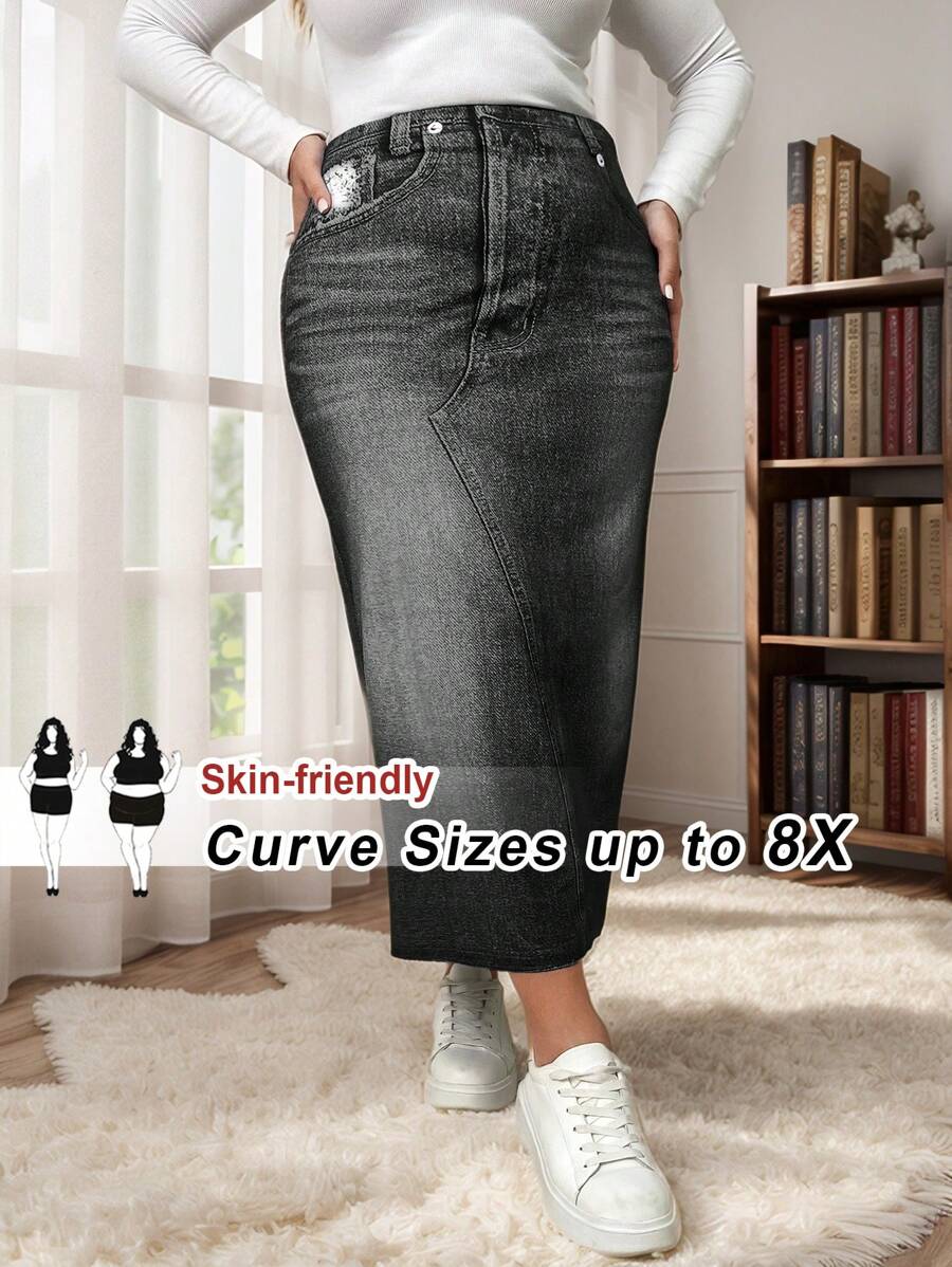 SHEIN CURVE+ Plus Size Women's Denim Effect Effect Printed Skirt (Not Real Denim) - Black - View 1