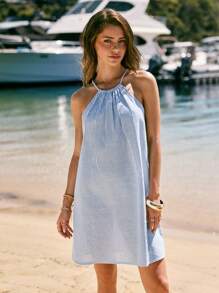 SHEIN VCAY Stripe Lace-Up Casual Versatile Sleeveless Dress,Vacation Summer Beach Dress,Dresses For Women,Vacation Outfits Woman - Blue and White - View 4