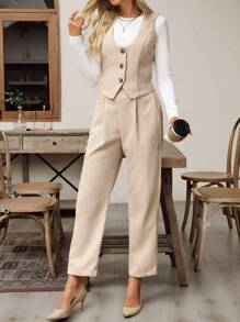 SHEIN Clasi 优雅女士杏色灯芯绒背心外套和配套灯芯绒直筒裤两件套冬季 - 杏色 - 查看 4