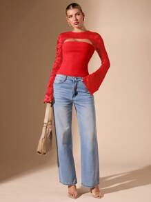 SHEIN BAE Top de punto de manga larga con cuello ahuecado de color negro sólido para mujer, básico simple y sexy con encaje empalme, adecuado para salir, citas, fiestas nocturnas, otoño/invierno - Rojo - Ver 5