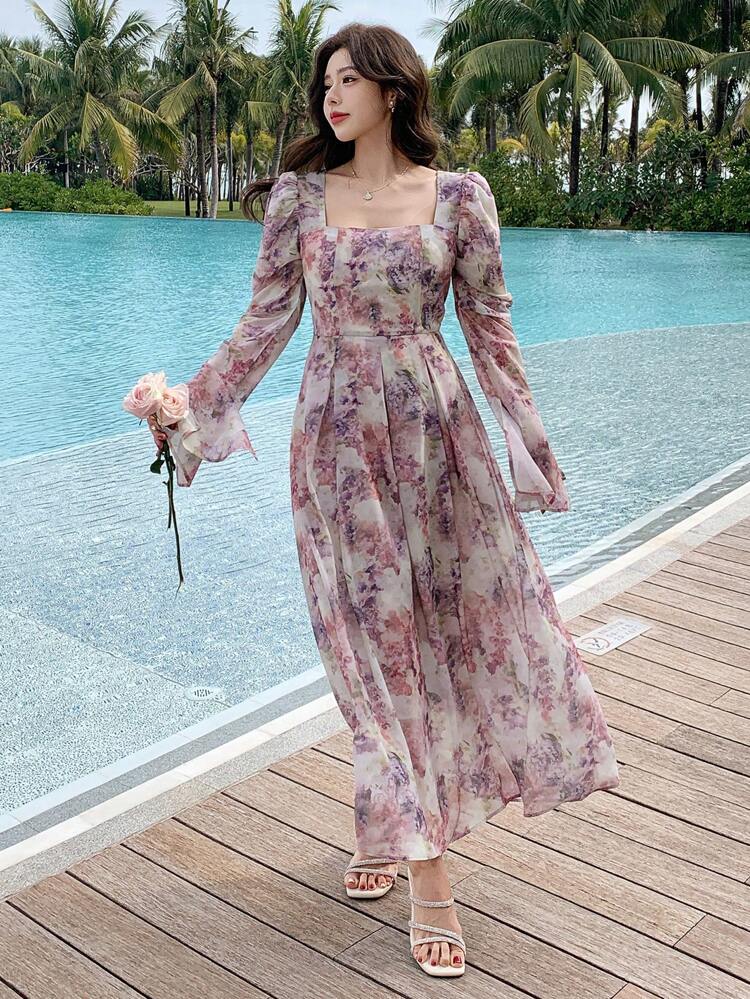 Women Floral All Over Print Square Neck Long Sleeve Dress, Elegant, Ruffle Vacation Outfits Women Dress Boho