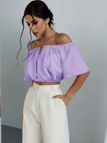 Firerie 大码女式露肩褶皱 V 领松紧腰衬衫，优雅适合下午茶、度假和外出，春夏季 - 淡紫色 - 查看 4