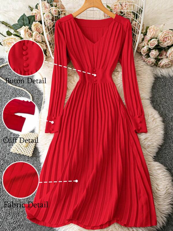 Franclia Vestido midi con cuello en V, manga larga, plisado para mujer para ropa de Año Nuevo con cintura ceñida, para otoño/invierno