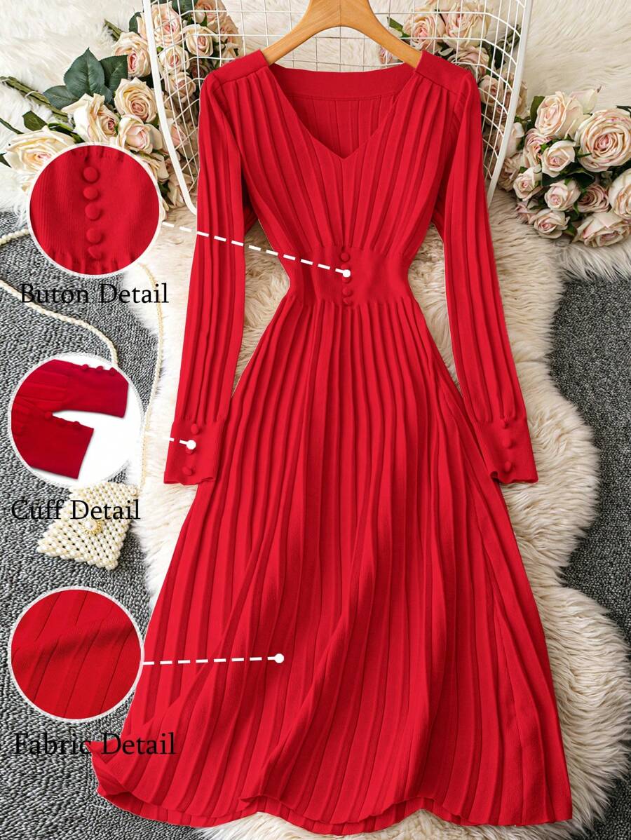 SHEIN LUNE 女士秋冬 V 领长袖褶皱中长连衣裙,束腰,适合新年服装 - 紅色 - 查看 1