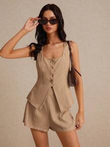 Poéselle 夏季亚麻西装两件套商务休闲套装面料舒适透气适合日常通勤出街装女士夏季休闲纯色背心短裤套装两件套短款套装