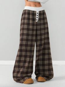 Coolane 女士春夏街头风纽扣设计宽松休闲格子阔腿裤