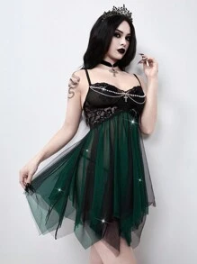 ROMWE Goth 女式哥特式珍珠十字双色不对称网眼饰边性感内衣睡衣套装 - 墨綠色 - 查看 2