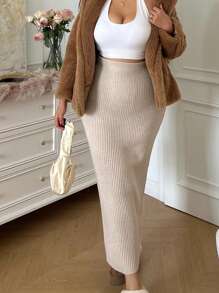 SHEIN EZwear 1 件大码优雅简约休闲罗纹针织裙，秋季