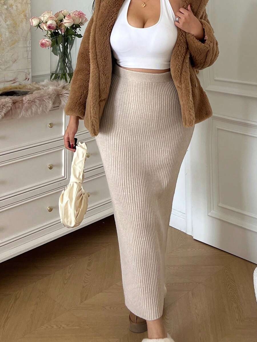 SHEIN EZwear 1 件大码优雅简约休闲罗纹针织裙，秋季