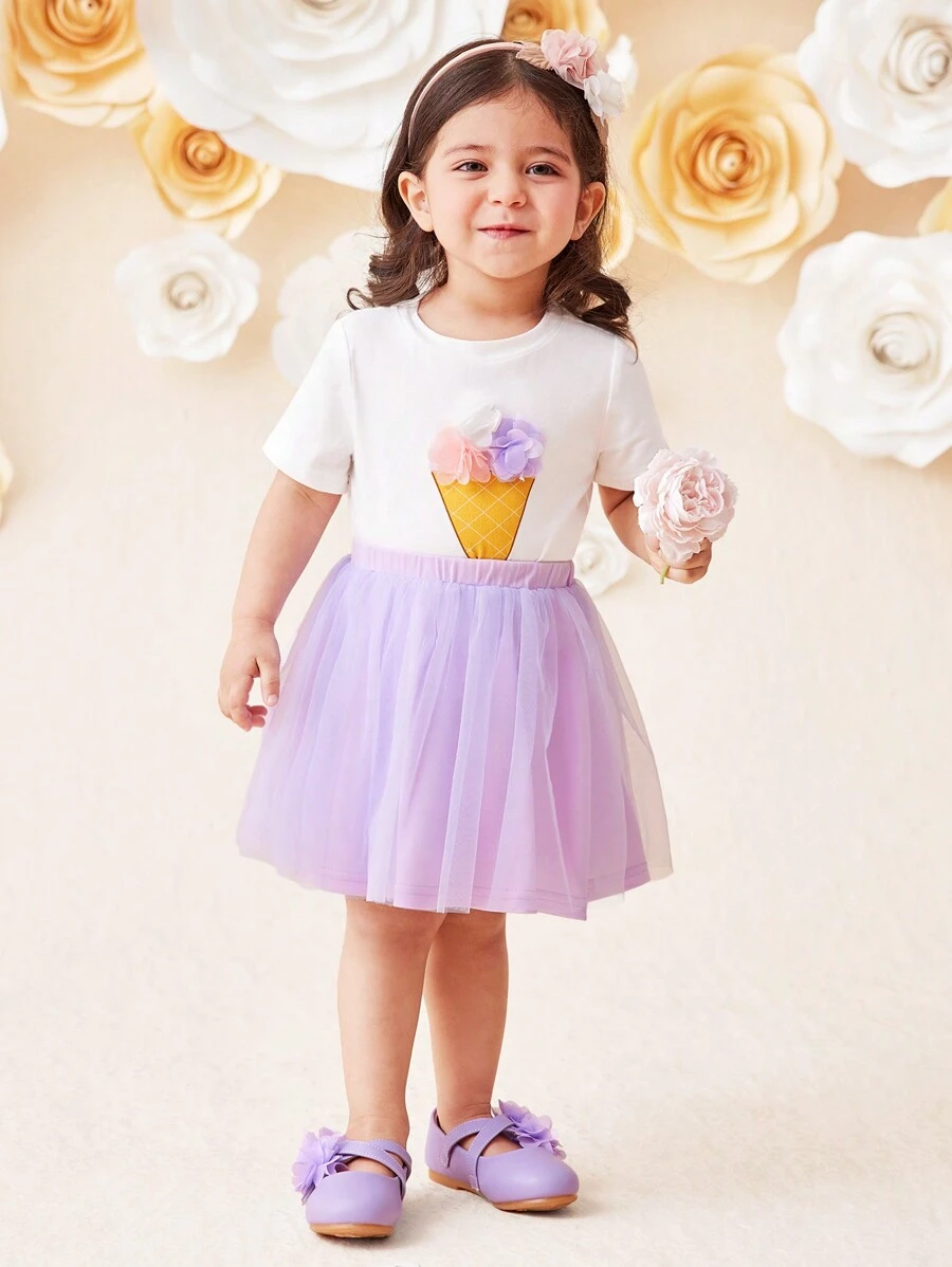 SHEIN Baby Girls' Casual Cute White Knitted Solid Ice Cream Print Floral Decor Short Sleeve T-Shirt & Mesh Skirt 2pcs Set - Purple - View 1