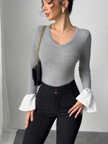 SHEIN Unity Women's Solid Color V-Neck Long Sleeve Casual Top, Minimalist Daily Wear Fall Cloth For Women - Light Grey - View 4