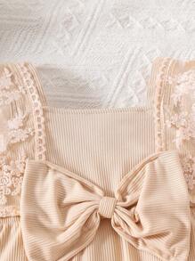 SHEIN Babygirl Spring/Summer Apricot Casual Minimalist Versatile Ribbed Fabric Lace Shoulder Strap Elastic Waist Bow Decor Open Crotch Romper - Apricot - View 6