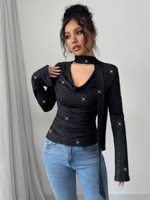Elenzga Camiseta de mujer de punto con cuello alto y brillos de nueva moda