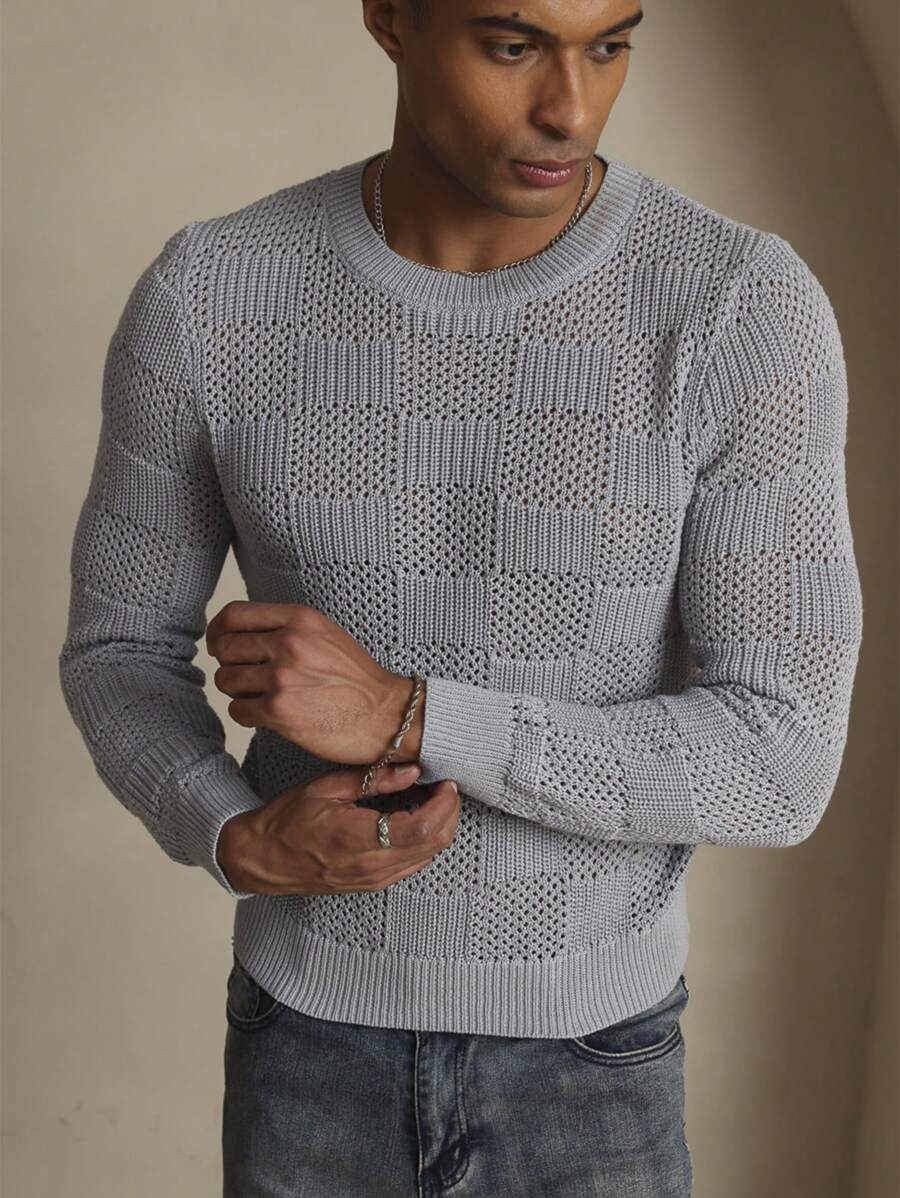 Manfinity Homme Men's Solid Color Crew Neck Long Sleeve Casual Pullover Sweater, Fall/Winter - Grey - View 1