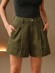 Anewsta Fashionable Elegant Military Green Women Wide Leg Shorts, Commuting & Festival Going Out Summer Outfits For Women Women Shorts With Pockets Khaki Shorts Women Women Short Pants Dress Shorts For Women