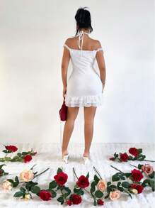 SHEIN SXY Women's Solid Color Off Shoulder Slim-Fit Mini Dress, Simple Style,Lace Dress,Valentine's Day,Birthday Dresses For Women,Dresses For Women Elegant,Off The Shoulder Dress,Women Dresses,Valentine's Day Dress,Date Night Dress Women,3D Flower,Rose