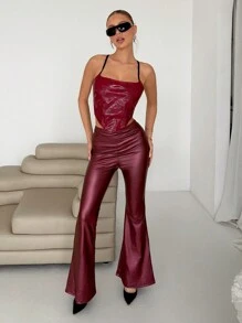 EgrlEra 1 bucată de femeie, sexy, fără spate, cu bretele de cravată, crop top din PU (tăiat aleatoriu) - Burgundia - Vizualizare 5