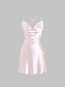 Sweetra Women's Satin Cross Back Strap Cami Swing Dress