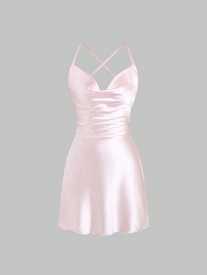 Sweetra Vestido satén de tirantes cruzados con espalda abierta estilo cami para mujer