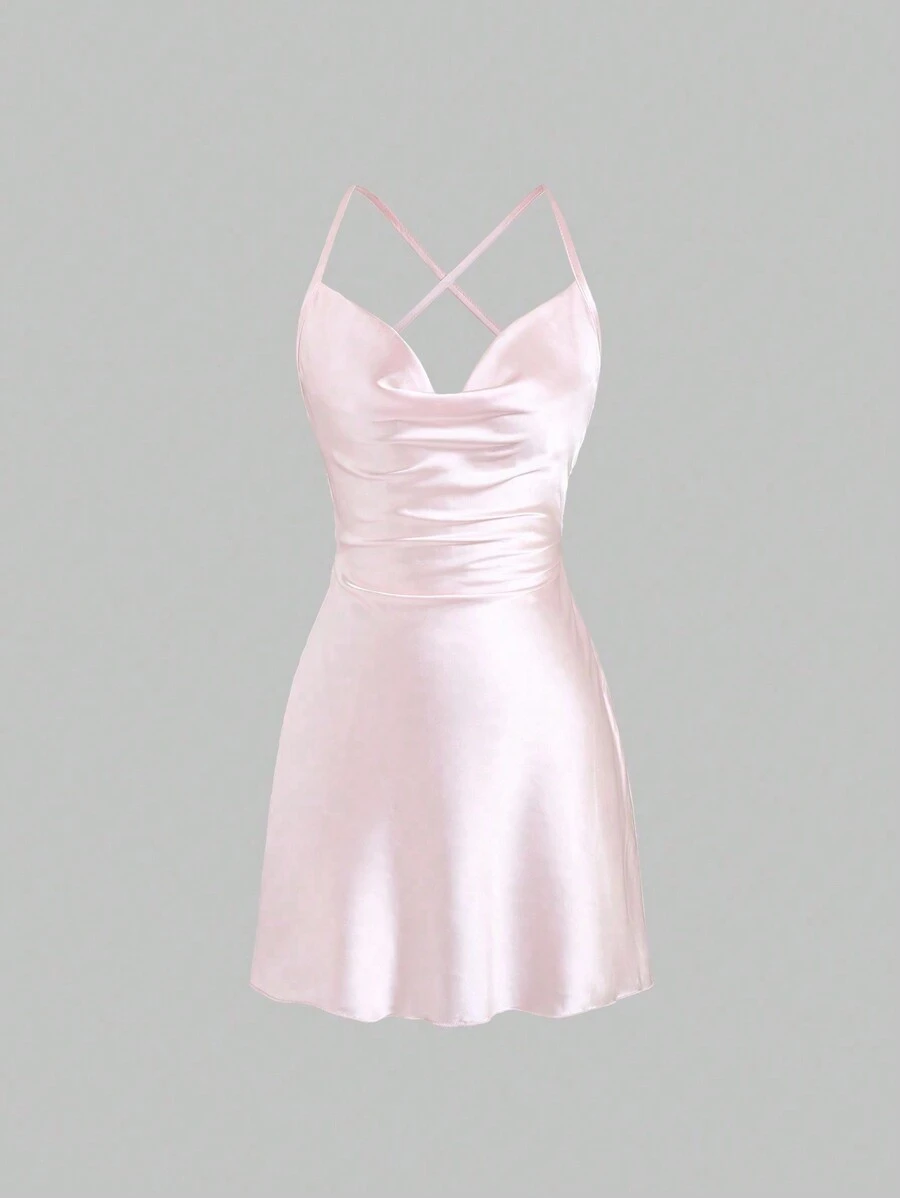 Sweetra Women's Satin Cross Back Strap Cami Swing Dress