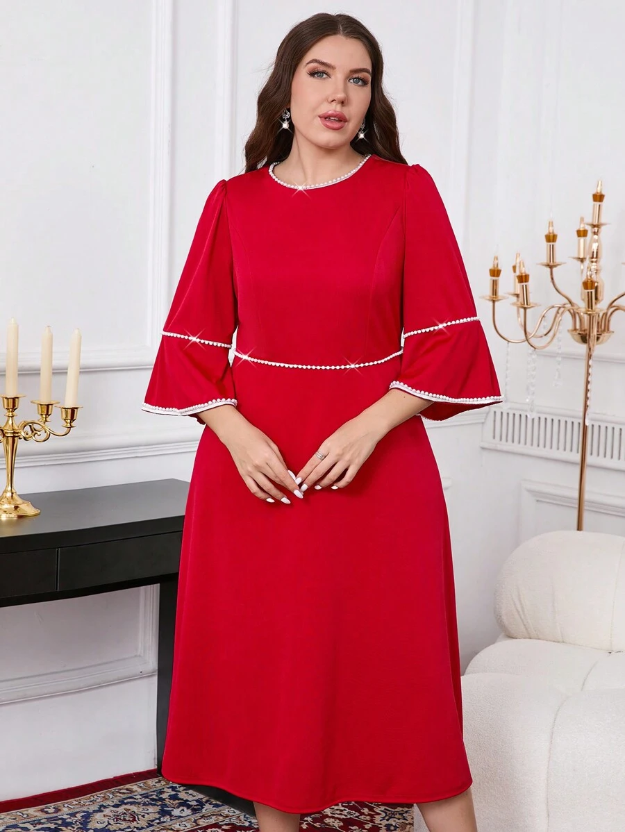SHEIN Clasi Plus Size Solid Color Round Neck Rhinestone Decor Elegant Red Dress - Red - View 1