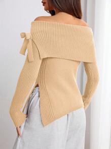 SHEIN Unity Women's Elegant Off Shoulder Split Knit Sweater, Casual For Autumn/Winter Knit Pullover Fall Sweater - Apricot - View 2