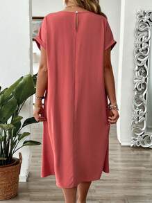 EMERY ROSE Vestido sencillo holgado de talla grande con cuello redondo, hombros caídos y detalles de encaje en contraste, para el verano