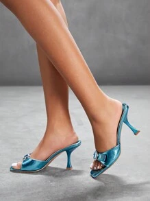 CUCCOO SZL 女士金属蓝色 PU 高跟穆勒鞋，时尚舒适方头凉鞋 - 藍色 - 查看 7