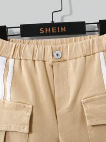 SHEIN 年轻女孩纯色拼布前扣口袋休闲牛仔裤 - 杏色 - 查看 4