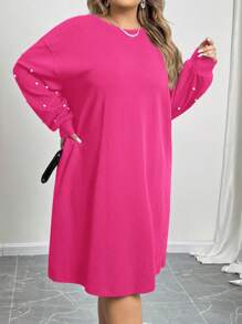SHEIN CURVE+ 女式加大码落肩宽松黑色连衣裙 - 玫紅色 - 查看 5