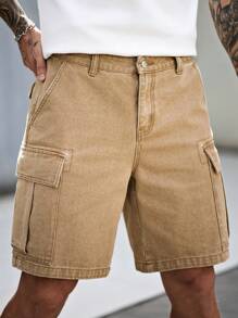 Manfinity Homme Men's Casual Washed Khaki Cargo Denim Shorts - Khaki - View 5