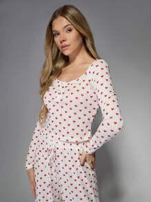MISSGUIDED Conjunto de pijama de dos piezas de punto acanalado con estampado de corazón, ropa de descanso, ropa de dormir, acogedor y cómodo regalo de San Valentín