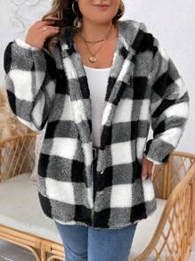 SHEIN LUNE Plus Size Có mũ trùm đầu in kẻ sọc dài tay áo khoác thời trang rộng rãi - Đen và trắng - Xem 3