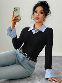 Selianne Camiseta de punto a rayas multicolor con cuello, puños acampanados y media cartera para mujer, elegante y cómoda para el día a día, para otoño/invierno y primavera