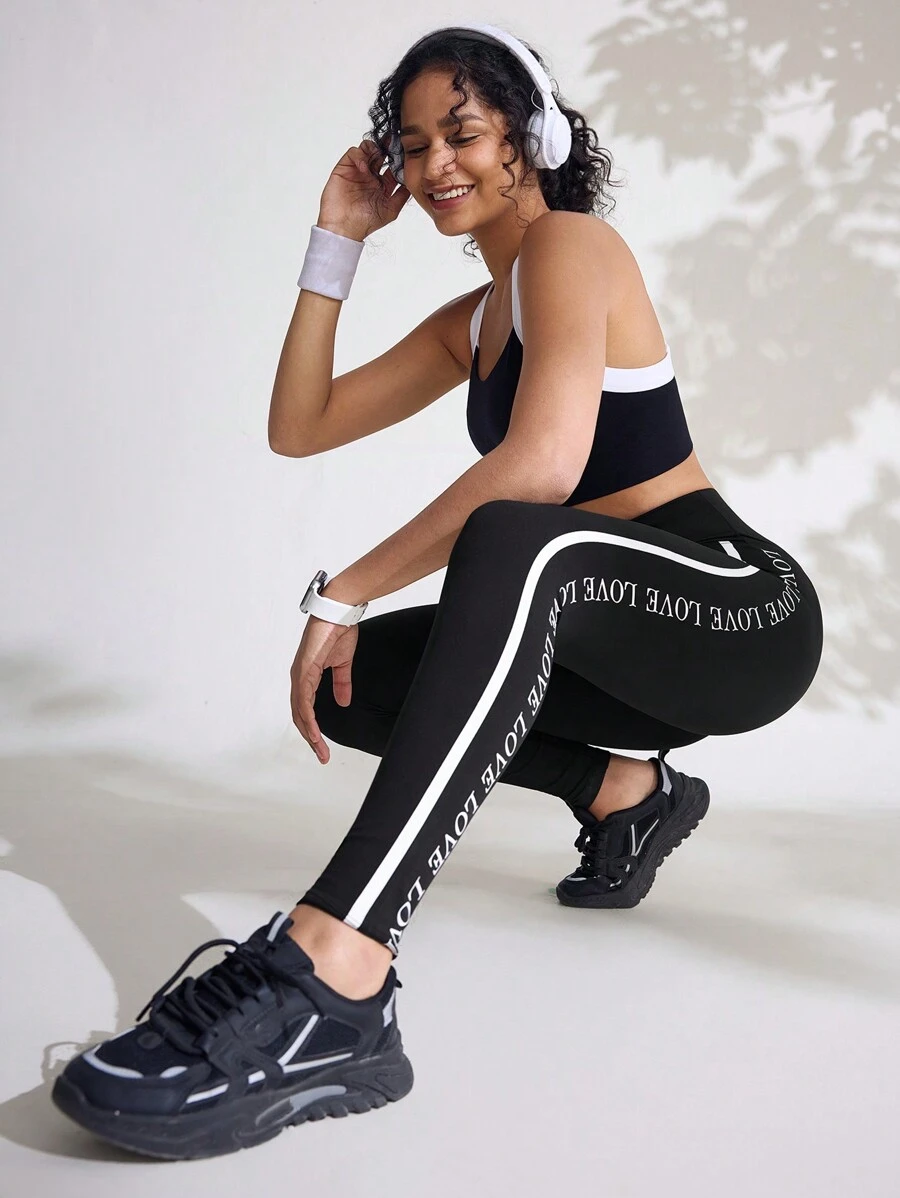 Women High Waist Elastic Letter Print Leggings
