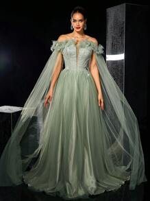 Glamrae Elegant Luxurious Off Shoulder Fluffy Dress With Embroidered Sequin Mesh Overlay, Suitable For Wedding, Party, Gala, Evening Occasion, Wedding Guest Dress, Formal Dress,Gown