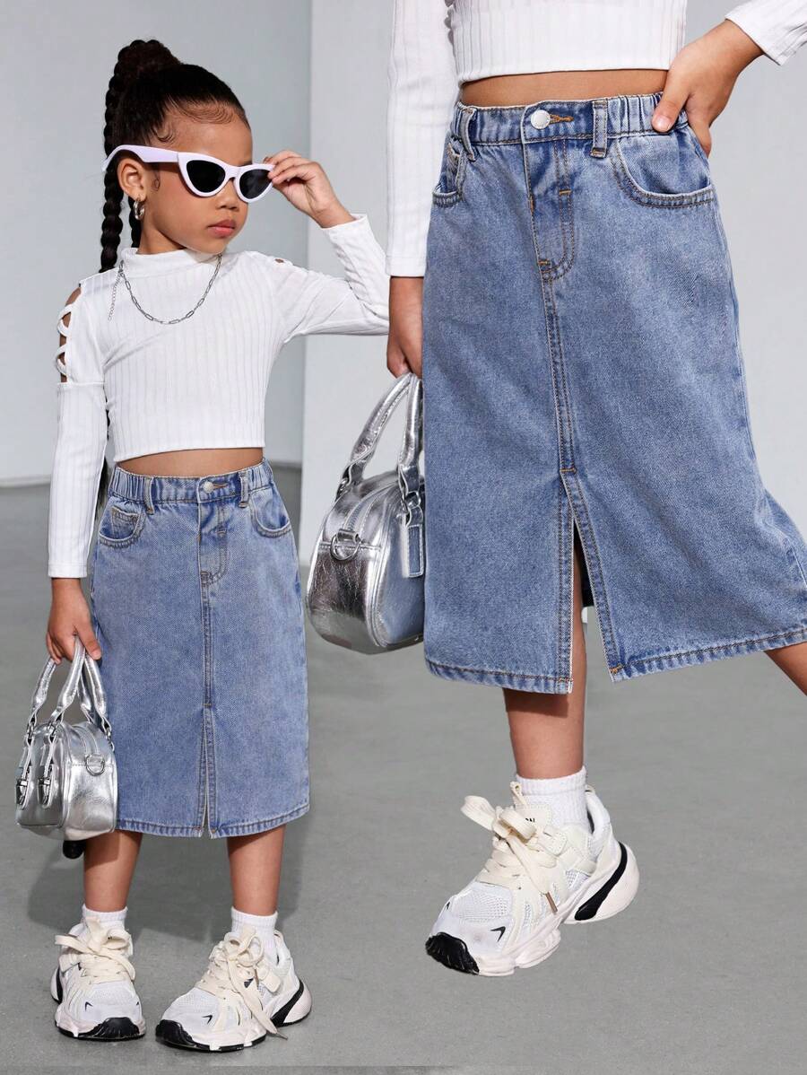 SHEIN Falda vaquera azul básica informal para niña, falda bohemia para primavera y verano - Lavado ligero - Ver 1