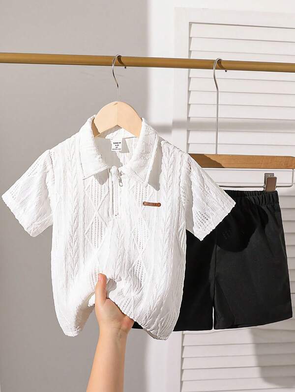 SHEIN 2pcs/Set Young Boy Front Zipper Simple Short Sleeve Top And Shorts Set
