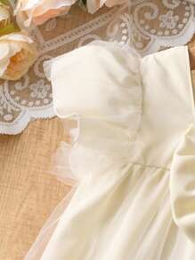 SHEIN 年轻女孩中东公主风格杏色3D刺绣蝴蝶网眼吊带裙，适合户外派对、婚礼、宴会、暑假 - 杏色 - 查看 4