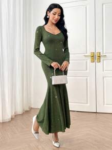 Modelyn Solid Color Long Sleeve Knit Dress, Minimalist Casual Daily Wear - Dark Green - View 4