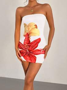 Chiquease 女士休闲度假露肩紧身花卉印花夏季连衣裙