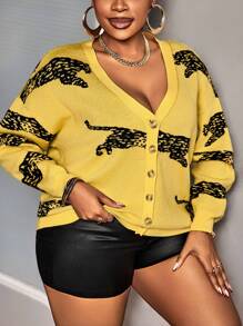 Slaydiva Plus Size Women Leopard Print Casual Cardigan, Autumn/Winter