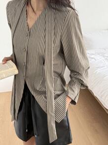 DAZY 女式 V 领收腰长袖衬衫，春夏秋装，秋季女装 - 卡其色 - 查看 2