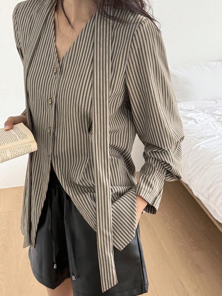 Camisa de manga larga con cuello en V y cintura ceñida para mujer, ropa de mujer para primavera/verano/otoño