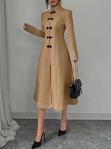 Elenzga Elegant Stand Collar Color Block Chinese Style Button Down Cinched Waist Long Thick Woolen Coat For Women, Autumn/Winter