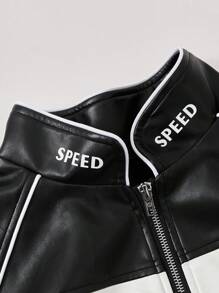 SHEIN EZwear 女士情侣装运动服皮革图案撞色赛车夹克 - 黑色 - 查看 7