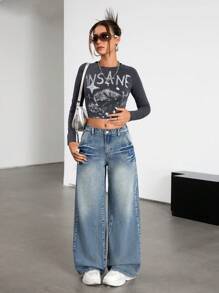 SHEIN 少女复古宽松蓝色牛仔裤