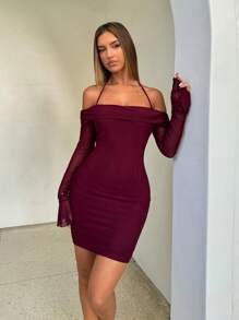 Aloruh Women's Elegant Sexy Off Shoulder Trumpet Sleeve Tie Bodycon Mini Dress Women's Elegant Valentines Day Dress Women's Elegant Long Sleeve Dress