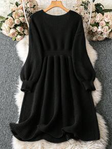 SHEIN Clasi Vestido suéter elegante de trabajo de manga larga con cintura de cuentas de unicolor de punto para mujer de talla grande, otoño/invierno